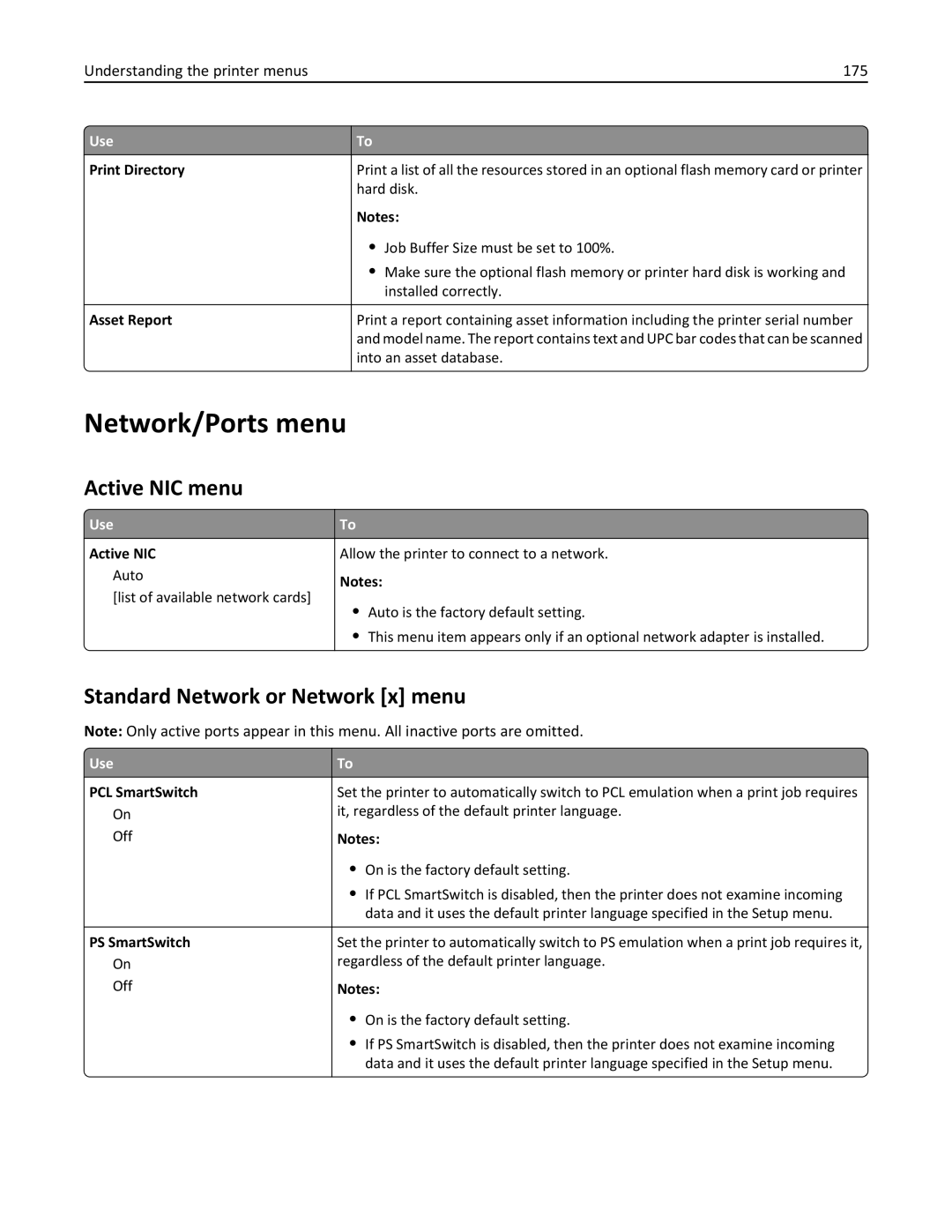 Lexmark 696 Network/Ports menu, Active NIC menu, Standard Network or Network x menu, Understanding the printer menus 175 