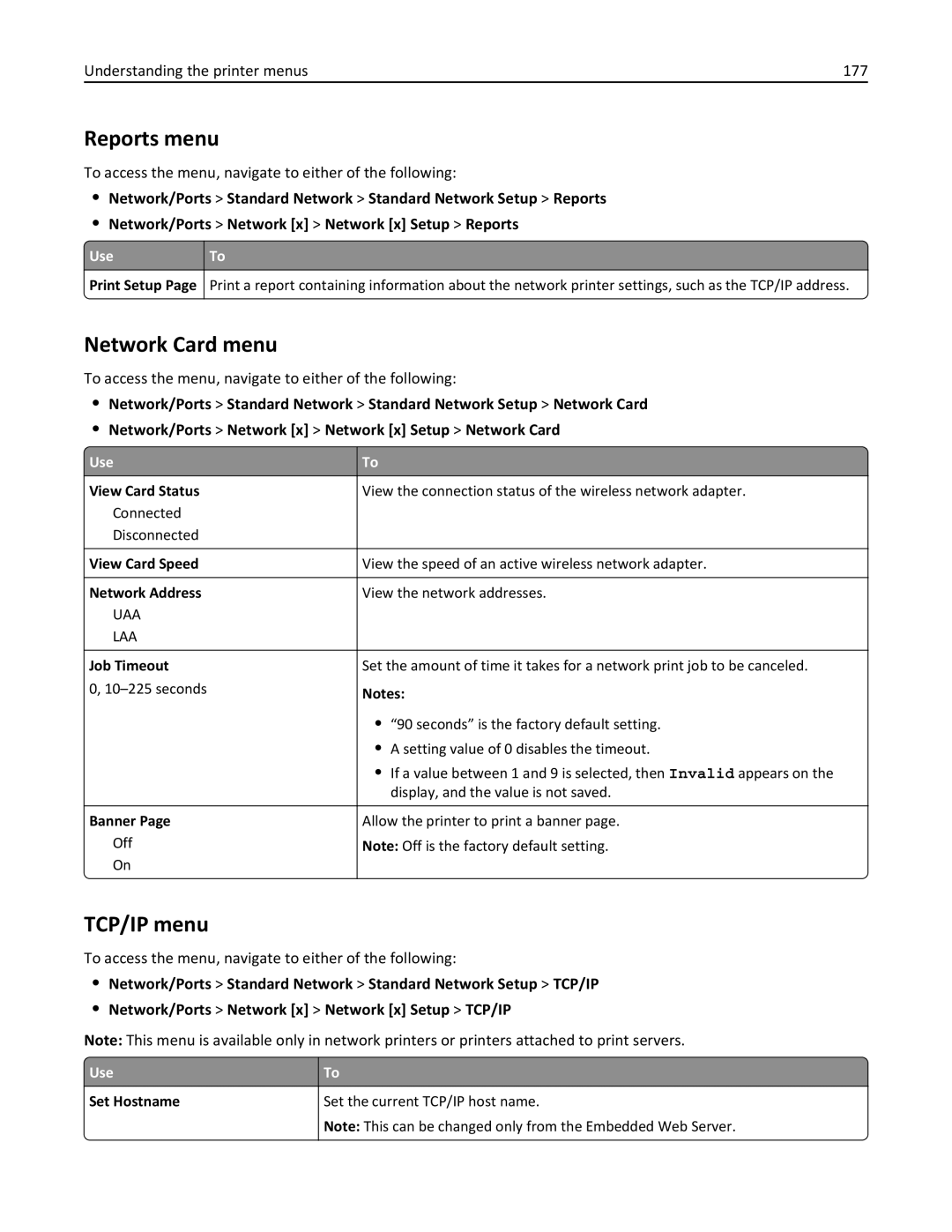 Lexmark 496, 696, 896 manual Network Card menu, TCP/IP menu, Understanding the printer menus 177 