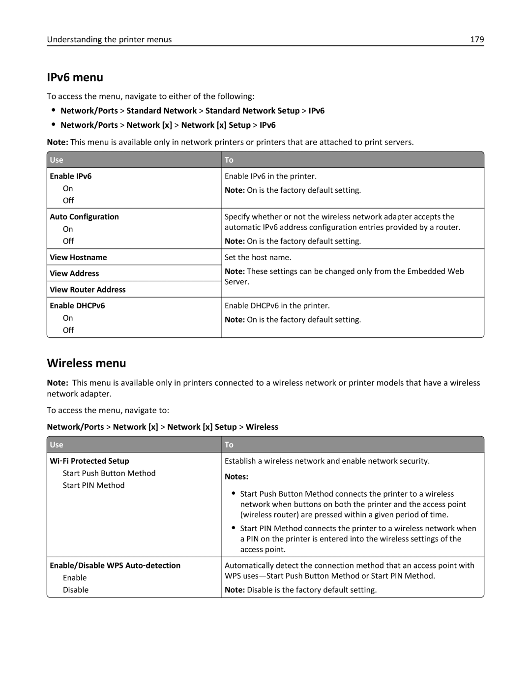 Lexmark 896, 496, 696 manual IPv6 menu, Wireless menu, Understanding the printer menus 179, To access the menu, navigate to 