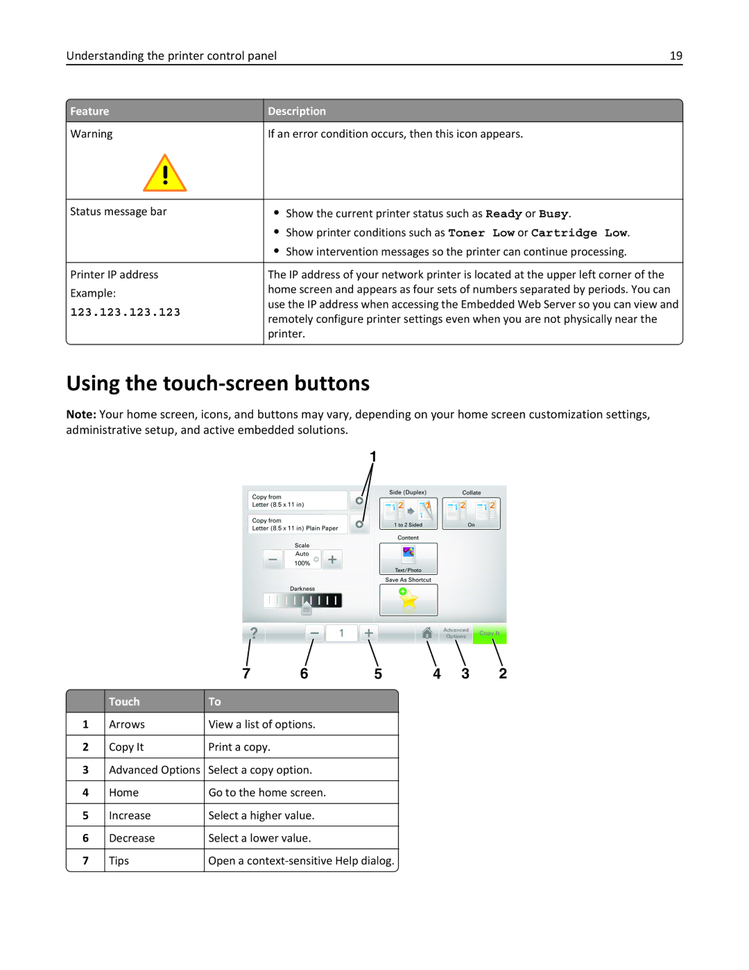 Lexmark 696, 496, 896 manual Using the touch-screen buttons, Arrows View a list of options Copy It Print a copy 