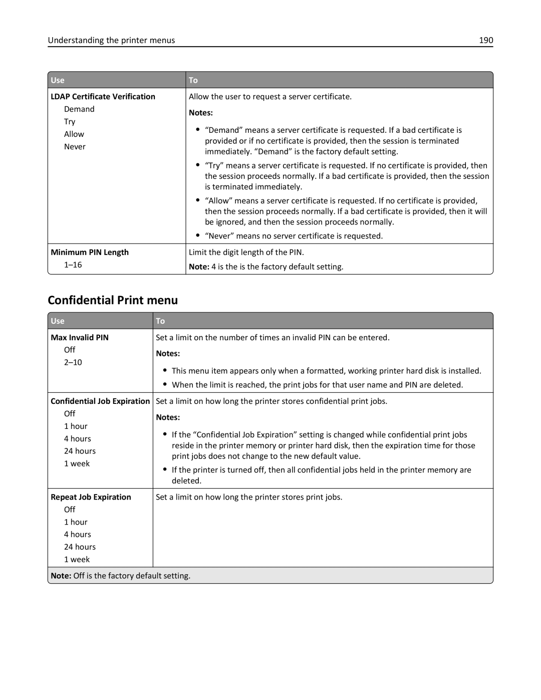 Lexmark 696, 496, 896 manual Confidential Print menu, Understanding the printer menus 190 