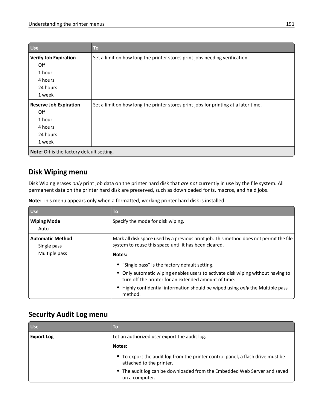 Lexmark 896, 496, 696 manual Disk Wiping menu, Security Audit Log menu, Understanding the printer menus 191 