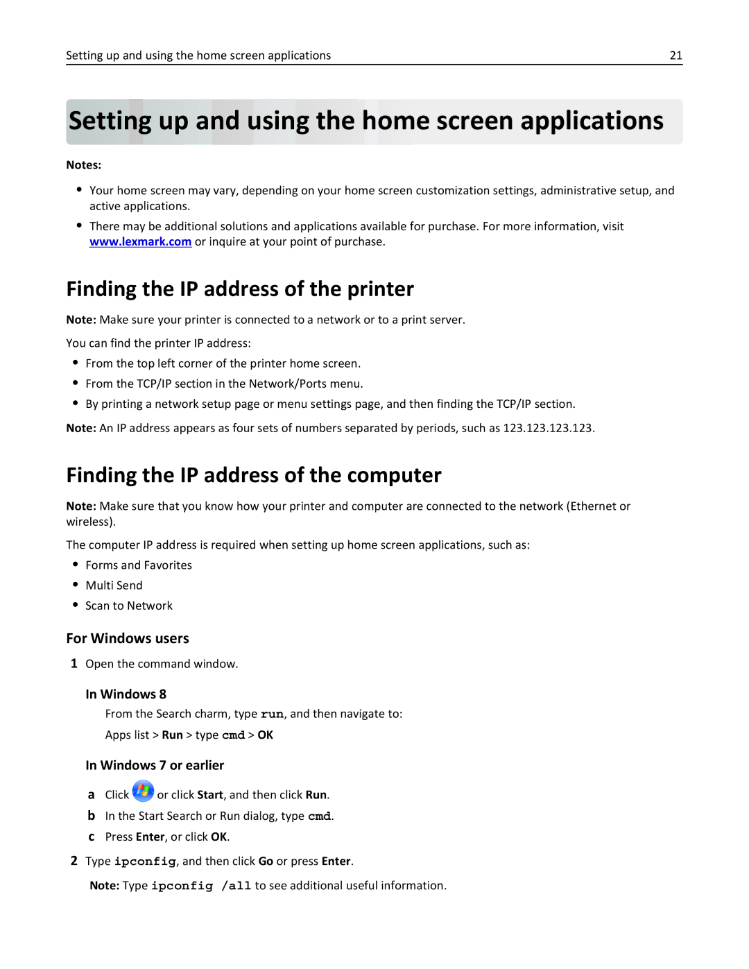 Lexmark 496 Setting up and using the home screen applications, Finding the IP address of the printer, For Windows users 