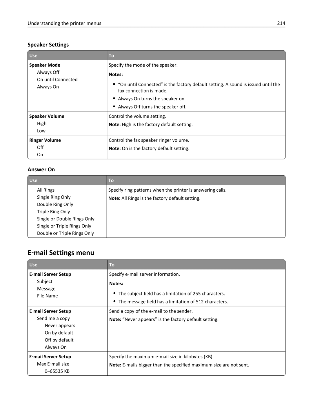 Lexmark 696, 496, 896 manual ‑mail Settings menu, Speaker Settings, Answer On, Understanding the printer menus 214 