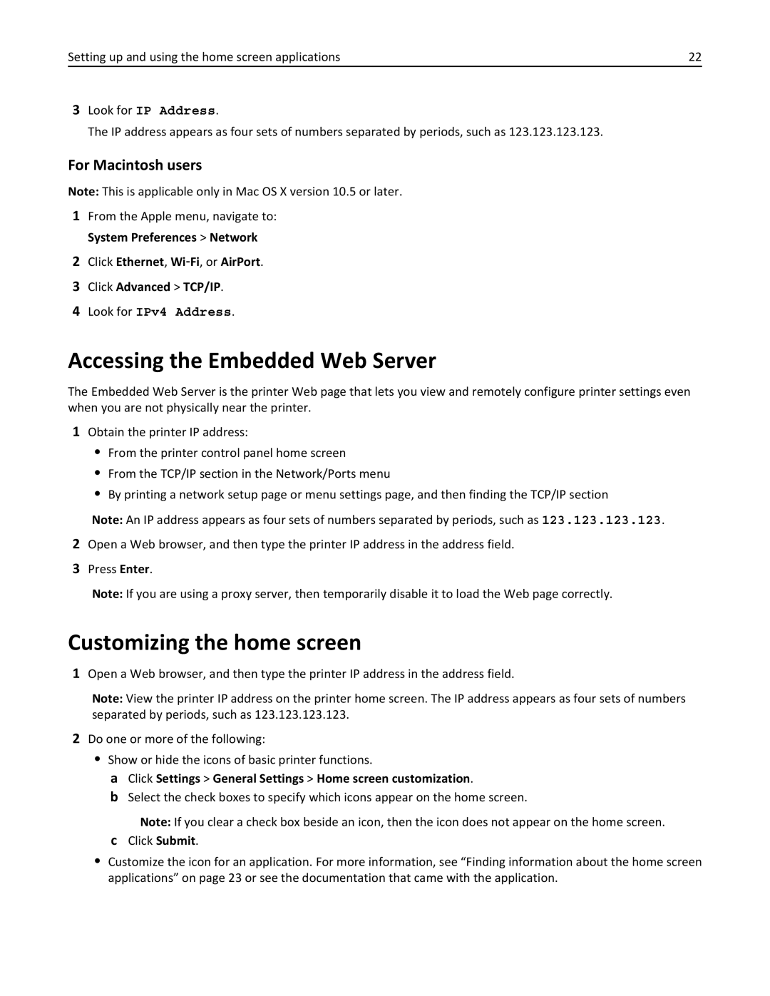 Lexmark 696, 496, 896 manual Accessing the Embedded Web Server, Customizing the home screen, For Macintosh users 