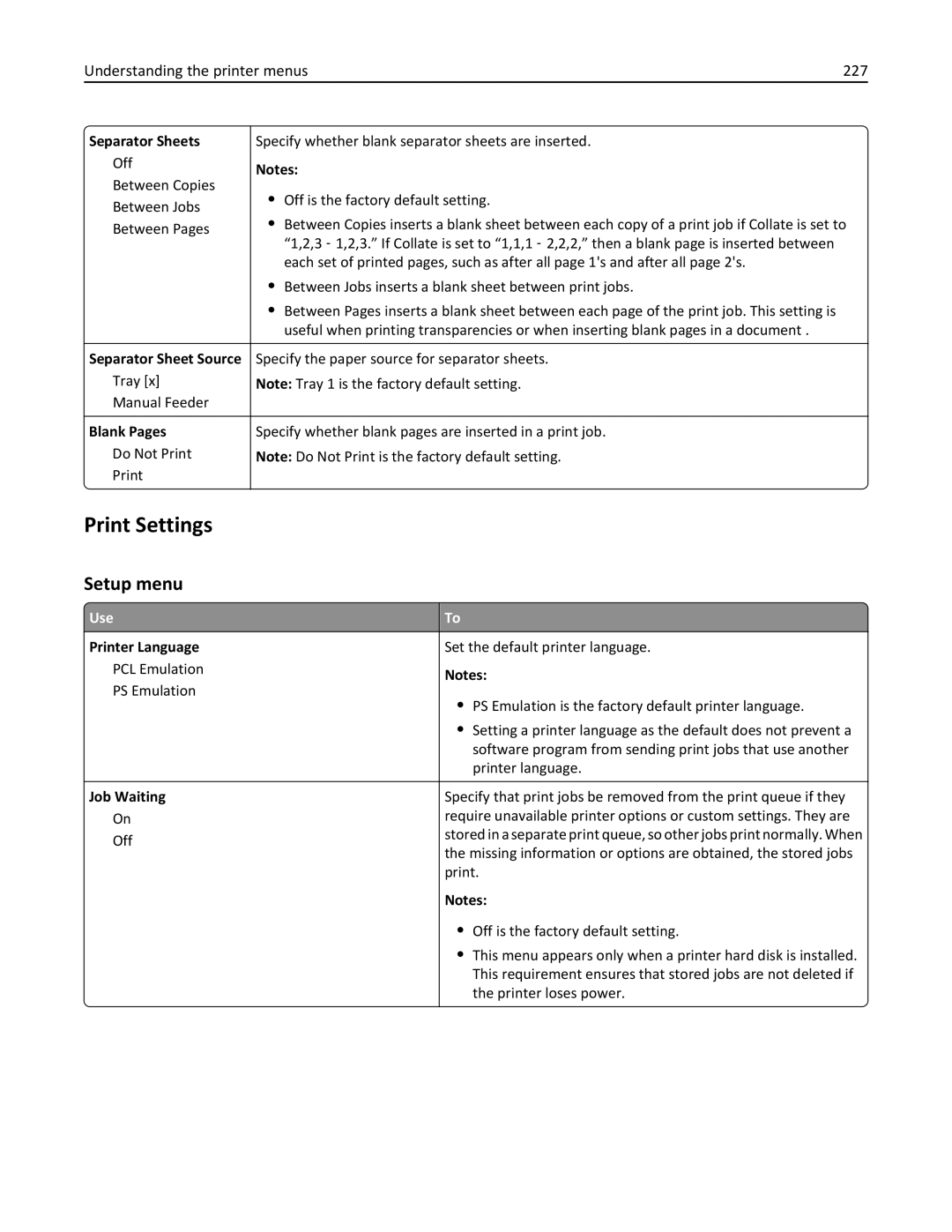 Lexmark 896, 496, 696 manual Print Settings, Setup menu, Understanding the printer menus 227 