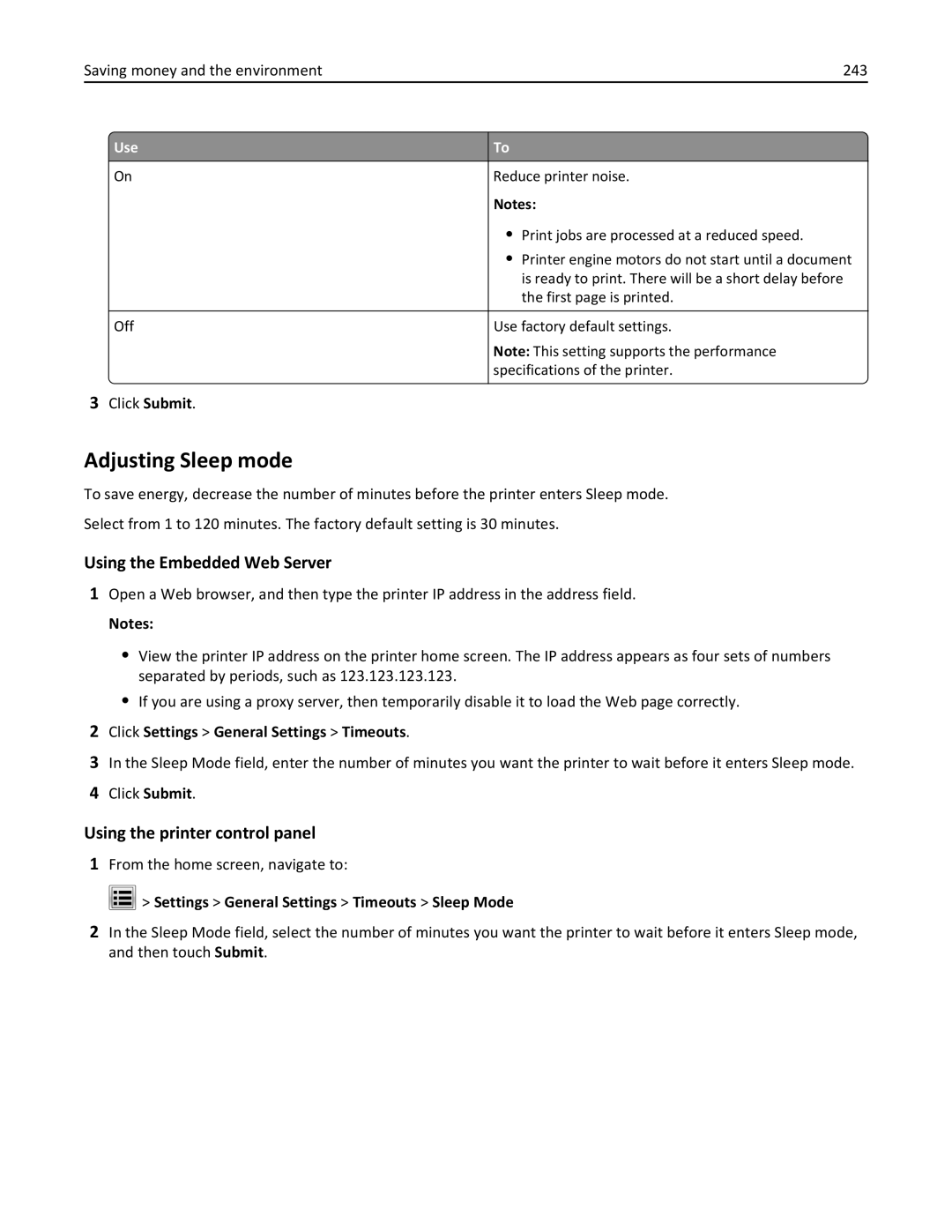 Lexmark 496, 696, 896 Adjusting Sleep mode, Saving money and the environment 243, Click Settings General Settings Timeouts 