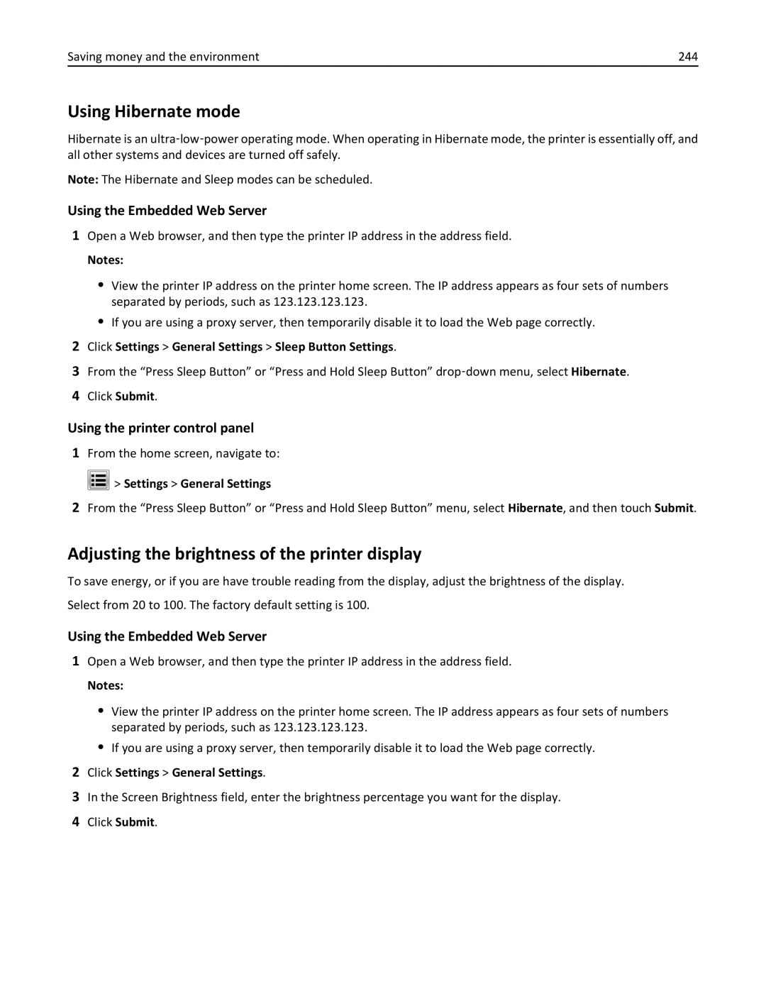 Lexmark 696, 496, 896 manual Using Hibernate mode, Adjusting the brightness of the printer display, Settings General Settings 