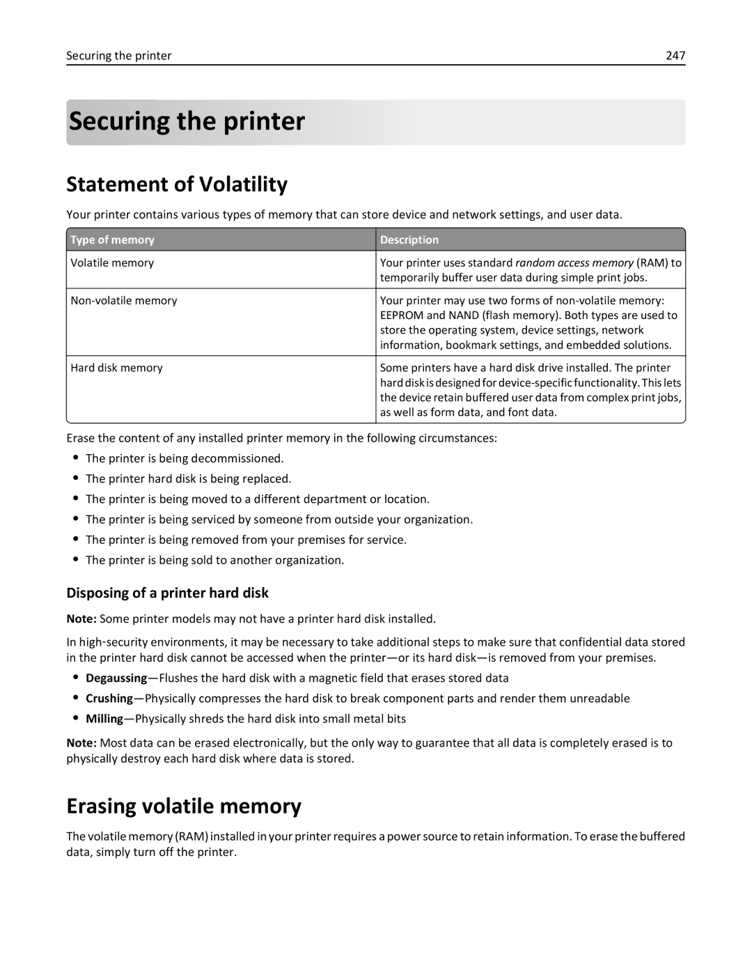 Lexmark 696, 496 Securing the printer, Statement of Volatility, Erasing volatile memory, Disposing of a printer hard disk 