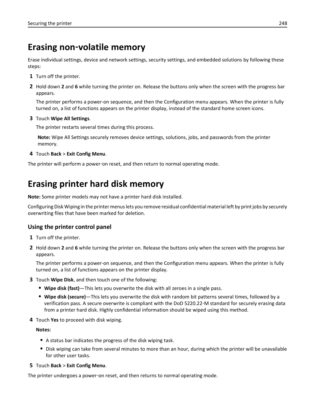 Lexmark 896, 496, 696 manual Erasing non‑volatile memory, Erasing printer hard disk memory, Using the printer control panel 