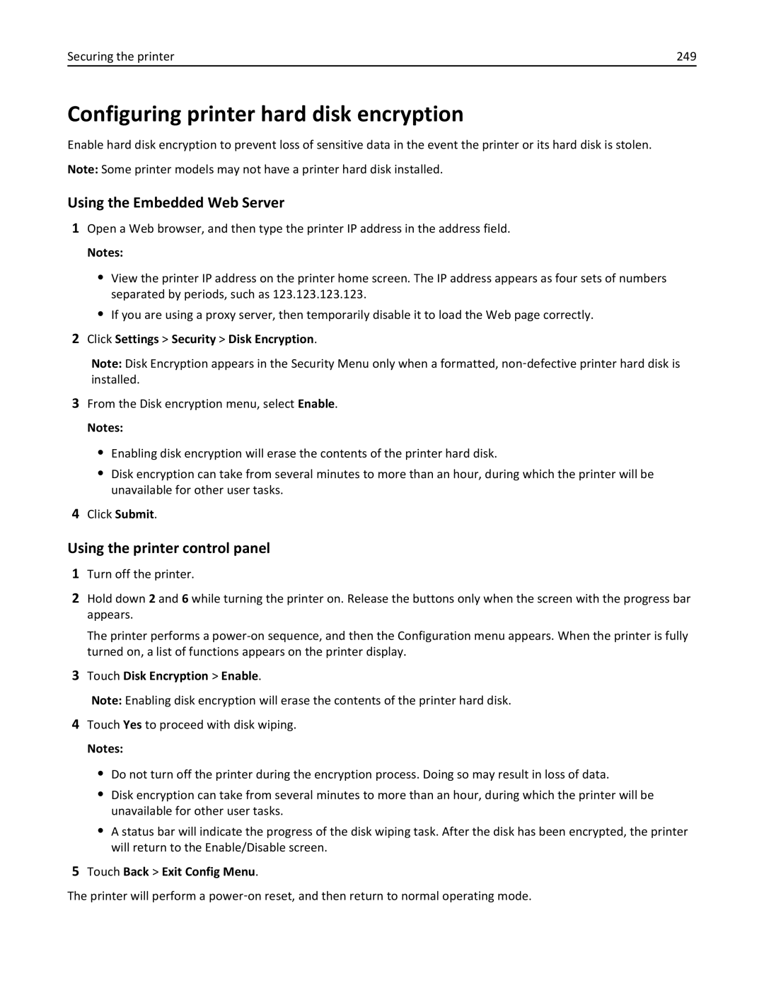 Lexmark 496, 696, 896 Configuring printer hard disk encryption, Using the Embedded Web Server, Securing the printer 249 