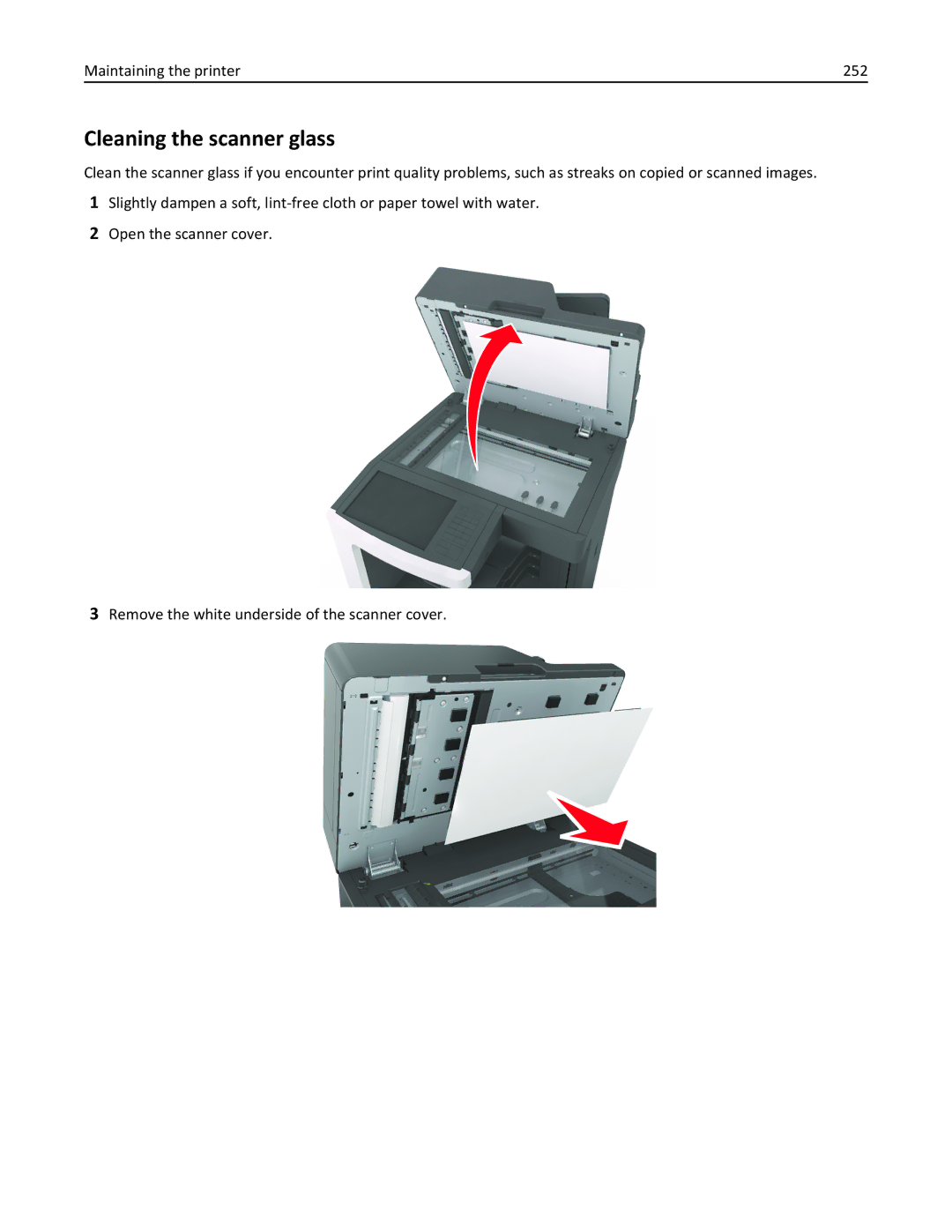 Lexmark 496, 696, 896 manual Cleaning the scanner glass, Maintaining the printer 252 