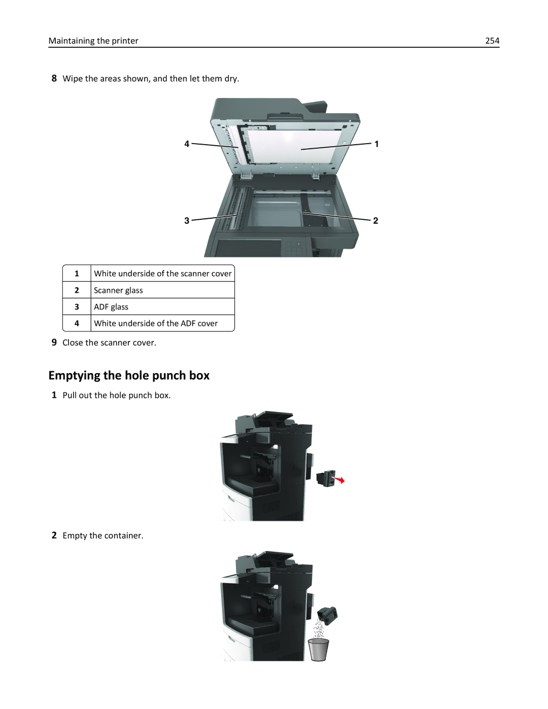 Lexmark 896, 496, 696 Emptying the hole punch box, Close the scanner cover, Pull out the hole punch box Empty the container 