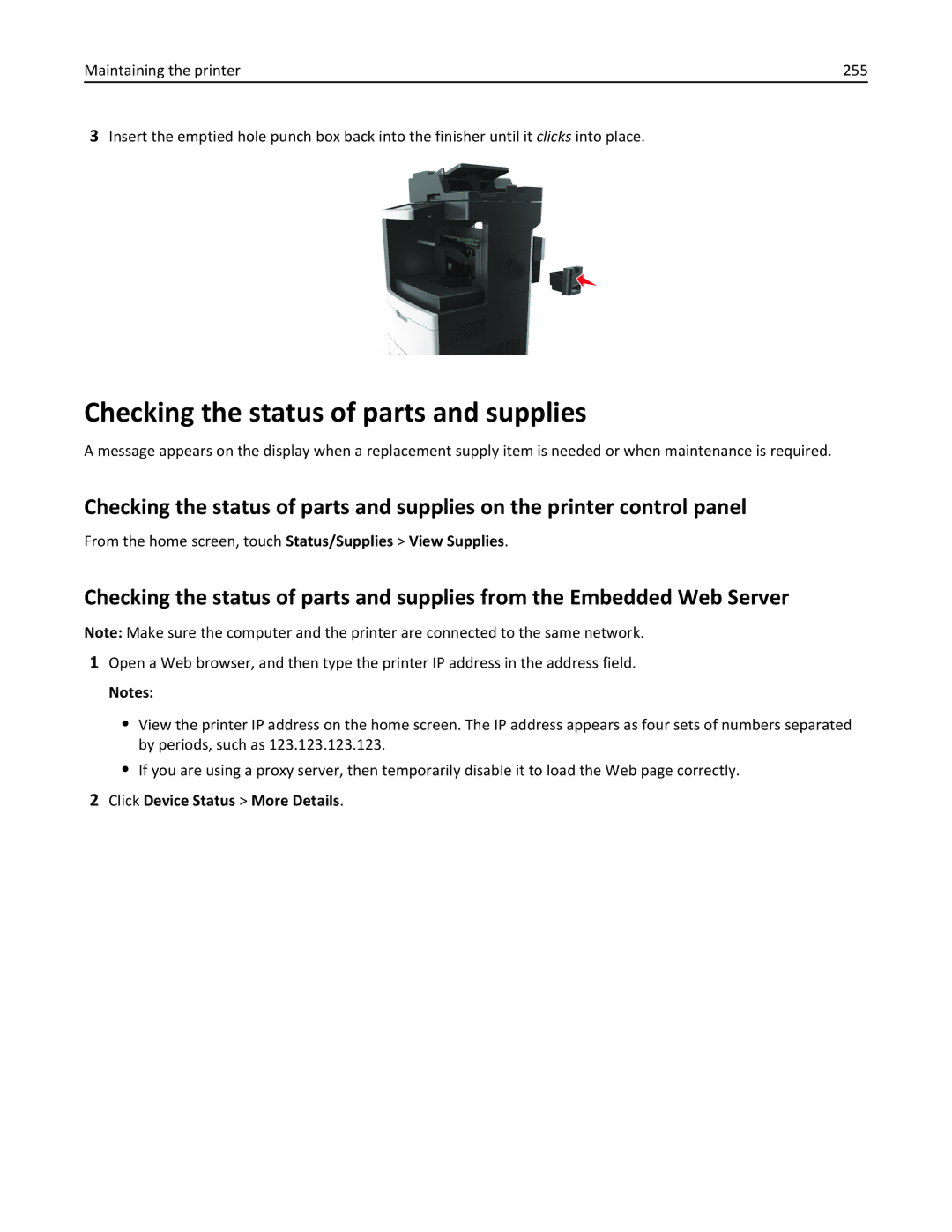 Lexmark 496, 696, 896 Checking the status of parts and supplies, From the home screen, touch Status/Supplies View Supplies 