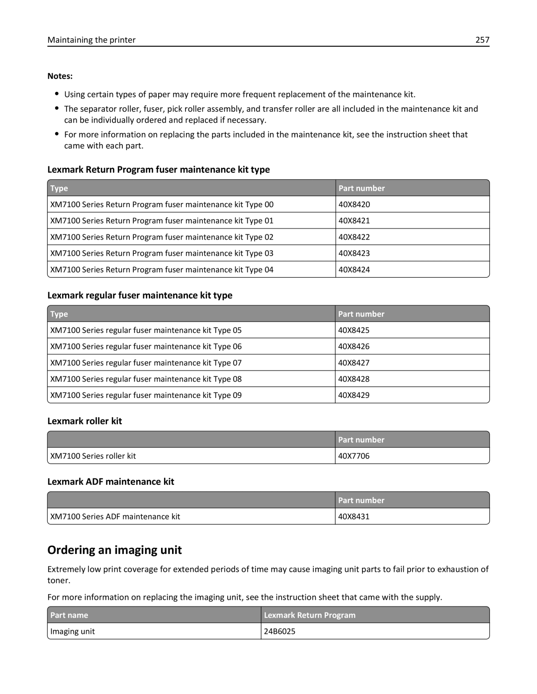 Lexmark 896, 496, 696 manual Ordering an imaging unit, Lexmark Return Program fuser maintenance kit type, Lexmark roller kit 