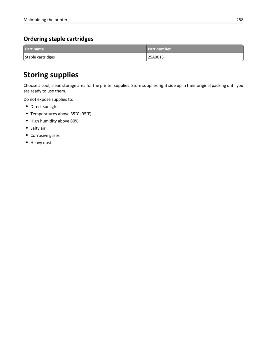 Lexmark 496, 696, 896 manual Storing supplies, Ordering staple cartridges, Maintaining the printer 258 