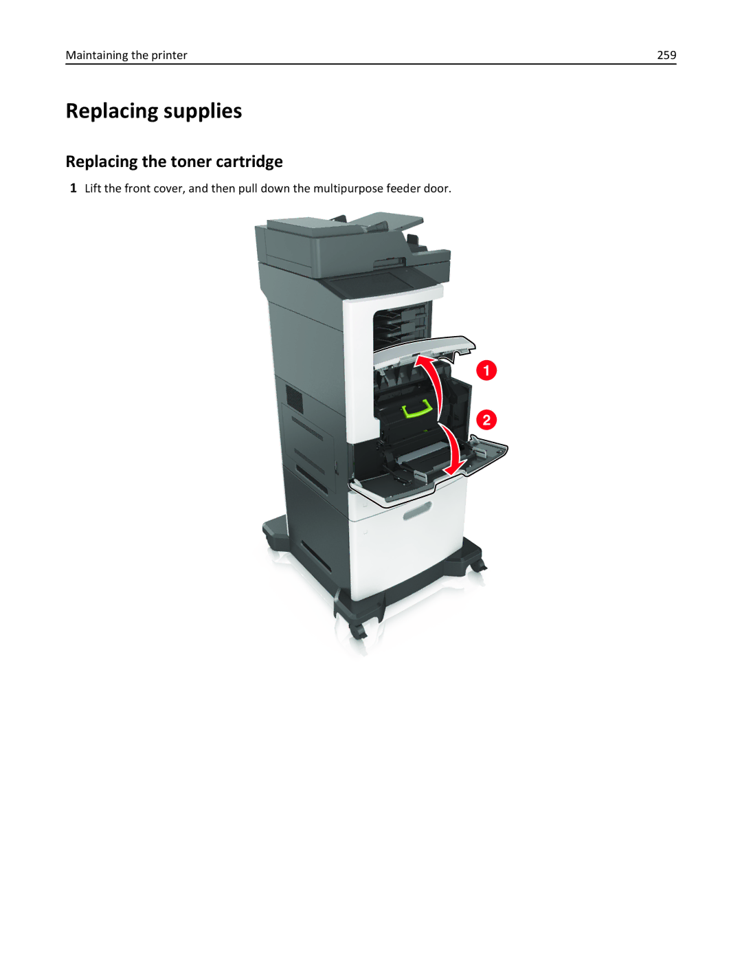 Lexmark 696, 496, 896 manual Replacing supplies, Replacing the toner cartridge, Maintaining the printer 259 