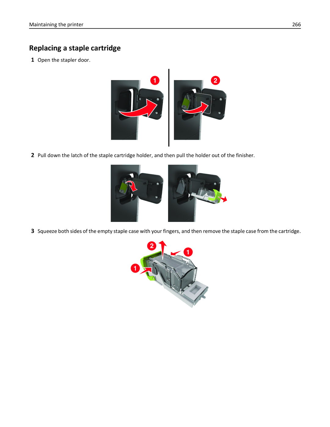 Lexmark 896, 496, 696 manual Replacing a staple cartridge, Maintaining the printer 266 