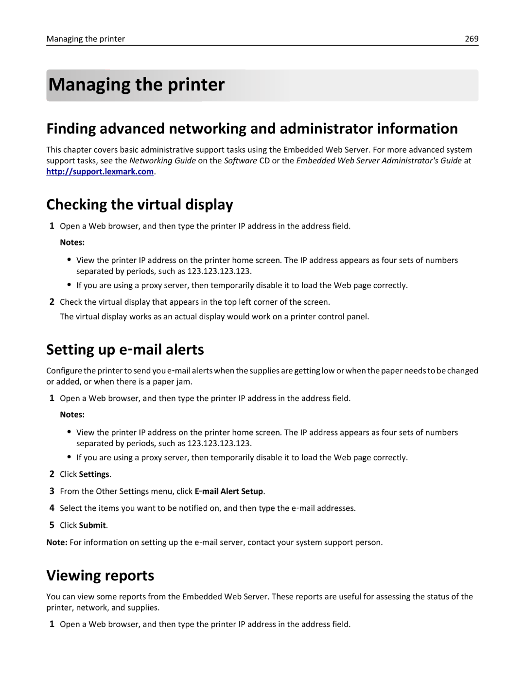 Lexmark 896 Managing the printer, Finding advanced networking and administrator information, Checking the virtual display 