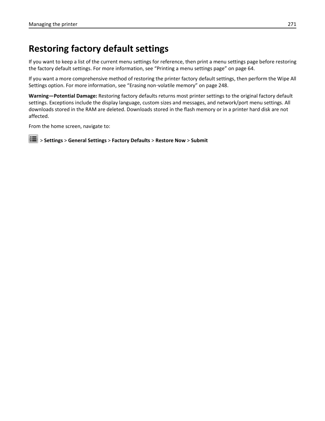 Lexmark 696, 496, 896 manual Restoring factory default settings, Managing the printer 271 