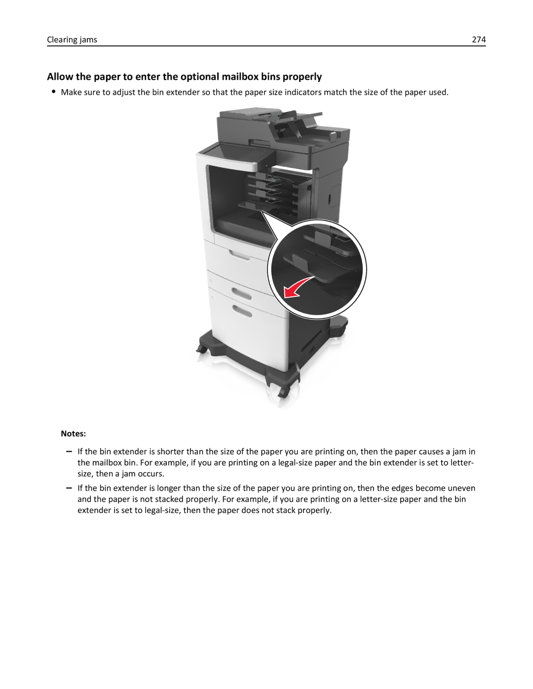 Lexmark 696, 496, 896 manual Allow the paper to enter the optional mailbox bins properly, Clearing jams 274 