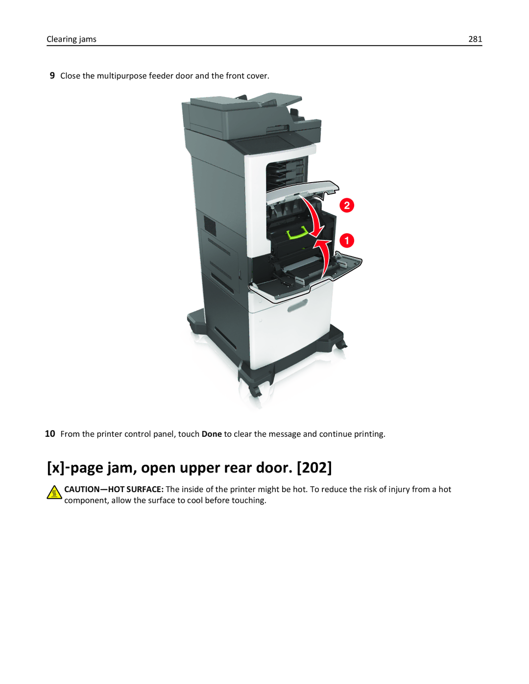 Lexmark 896, 496, 696 manual ‑page jam, open upper rear door 