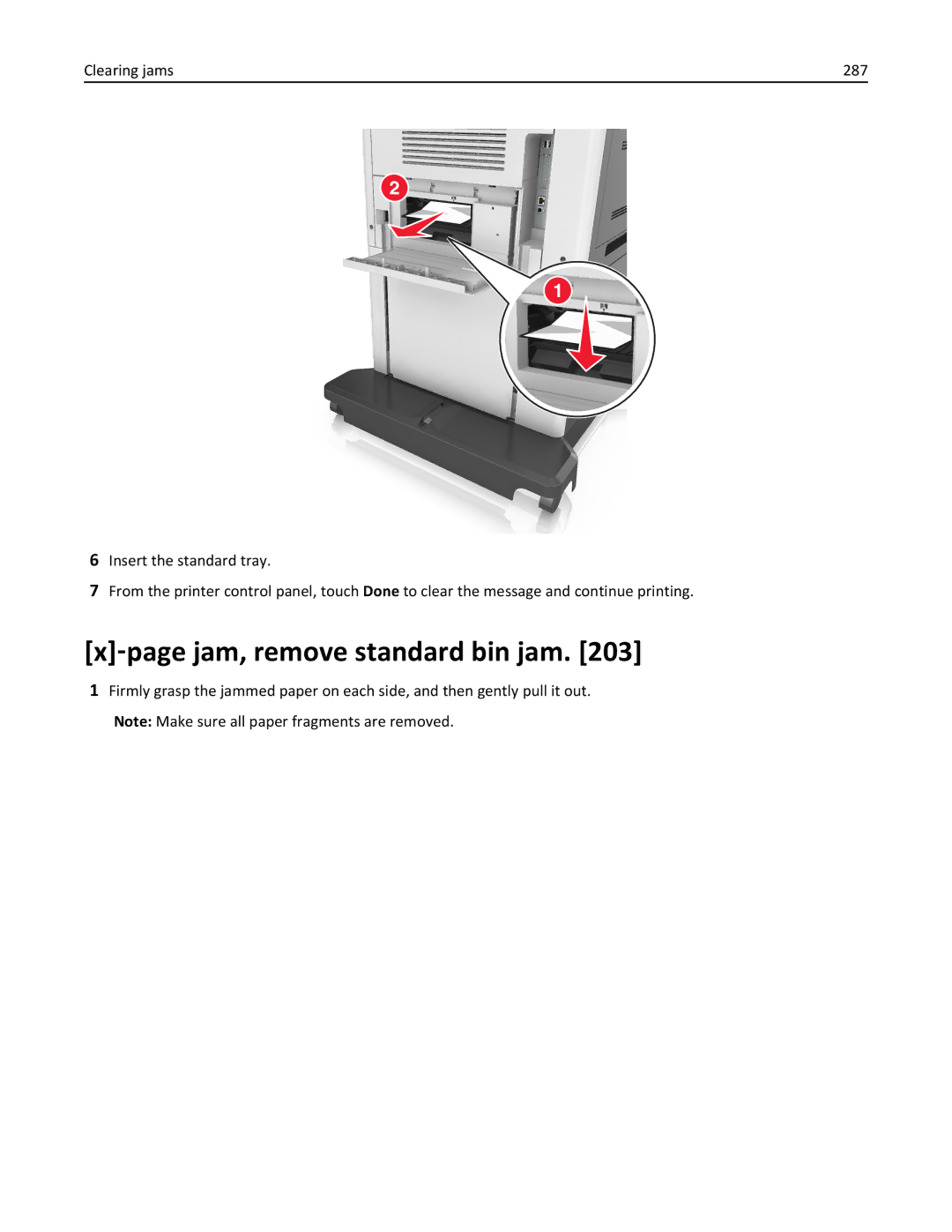 Lexmark 896, 496, 696 manual ‑page jam, remove standard bin jam 