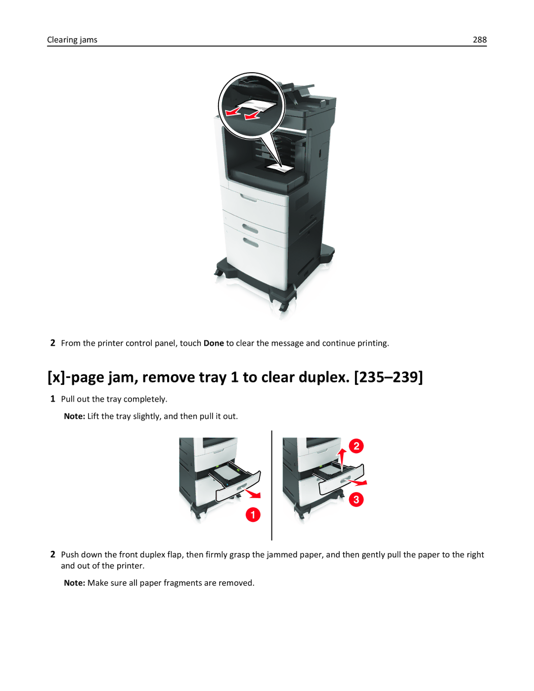 Lexmark 496, 696, 896 manual ‑page jam, remove tray 1 to clear duplex 