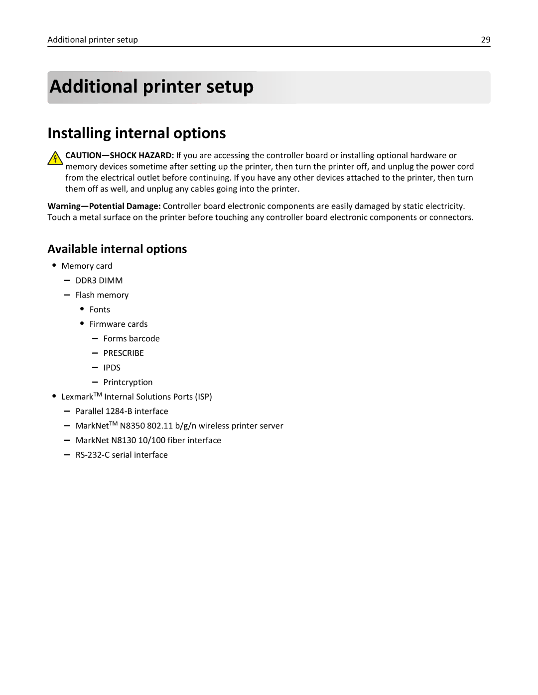 Lexmark 896, 496, 696 manual Additional printer setup, Installing internal options, Available internal options 