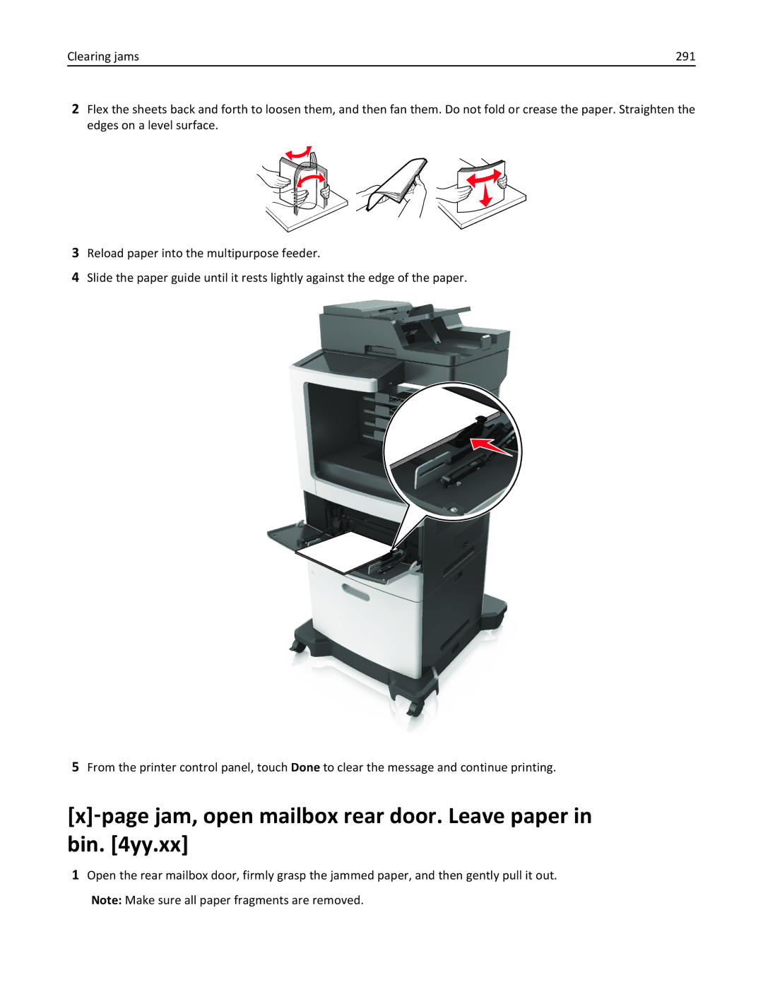 Lexmark 496, 696, 896 manual ‑page jam, open mailbox rear door. Leave paper in bin yy.xx 