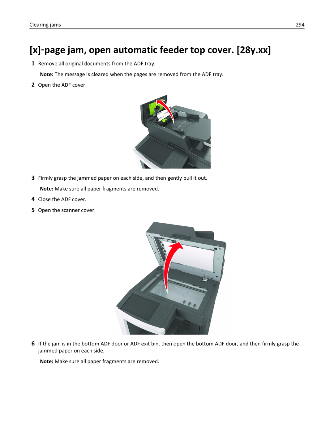 Lexmark 496, 696, 896 manual ‑page jam, open automatic feeder top cover y.xx, Clearing jams 294 