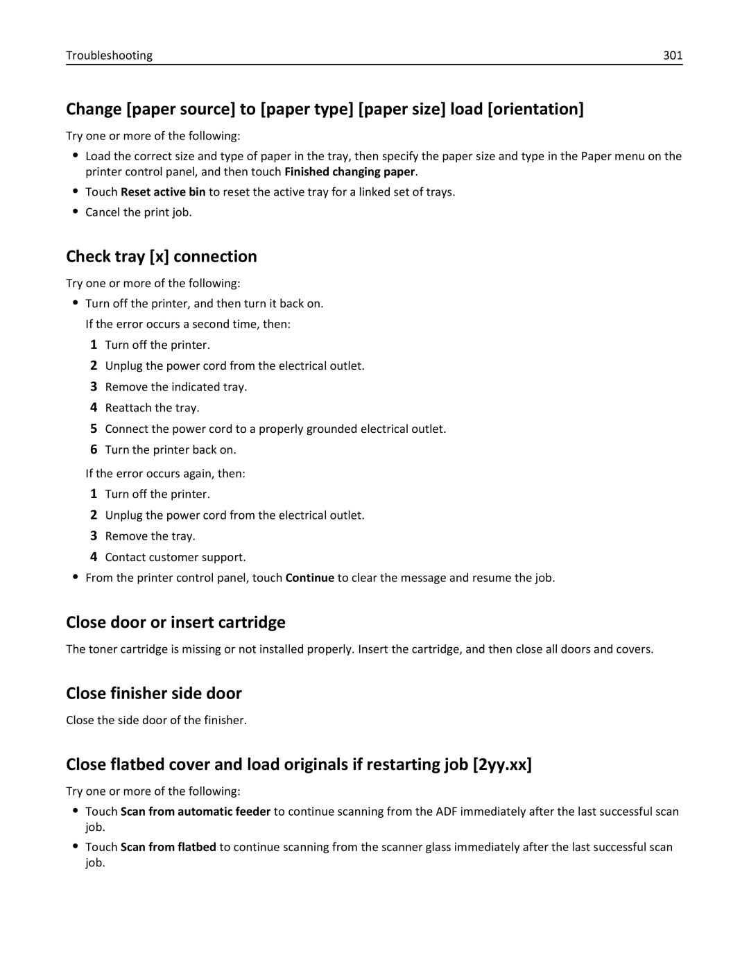 Lexmark 696, 496 Check tray x connection, Close door or insert cartridge, Close finisher side door, Troubleshooting 301 