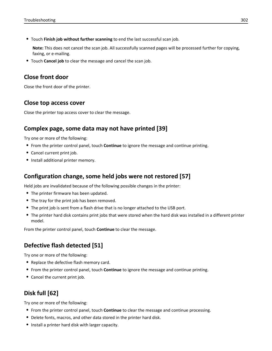 Lexmark 896, 496, 696 Close front door, Close top access cover, Complex page, some data may not have printed, Disk full 