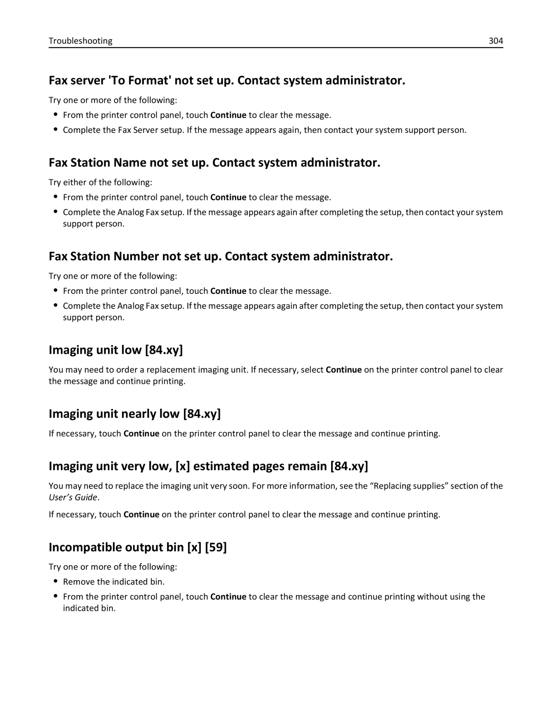 Lexmark 696 Fax Station Name not set up. Contact system administrator, Imaging unit low 84.xy, Incompatible output bin x 