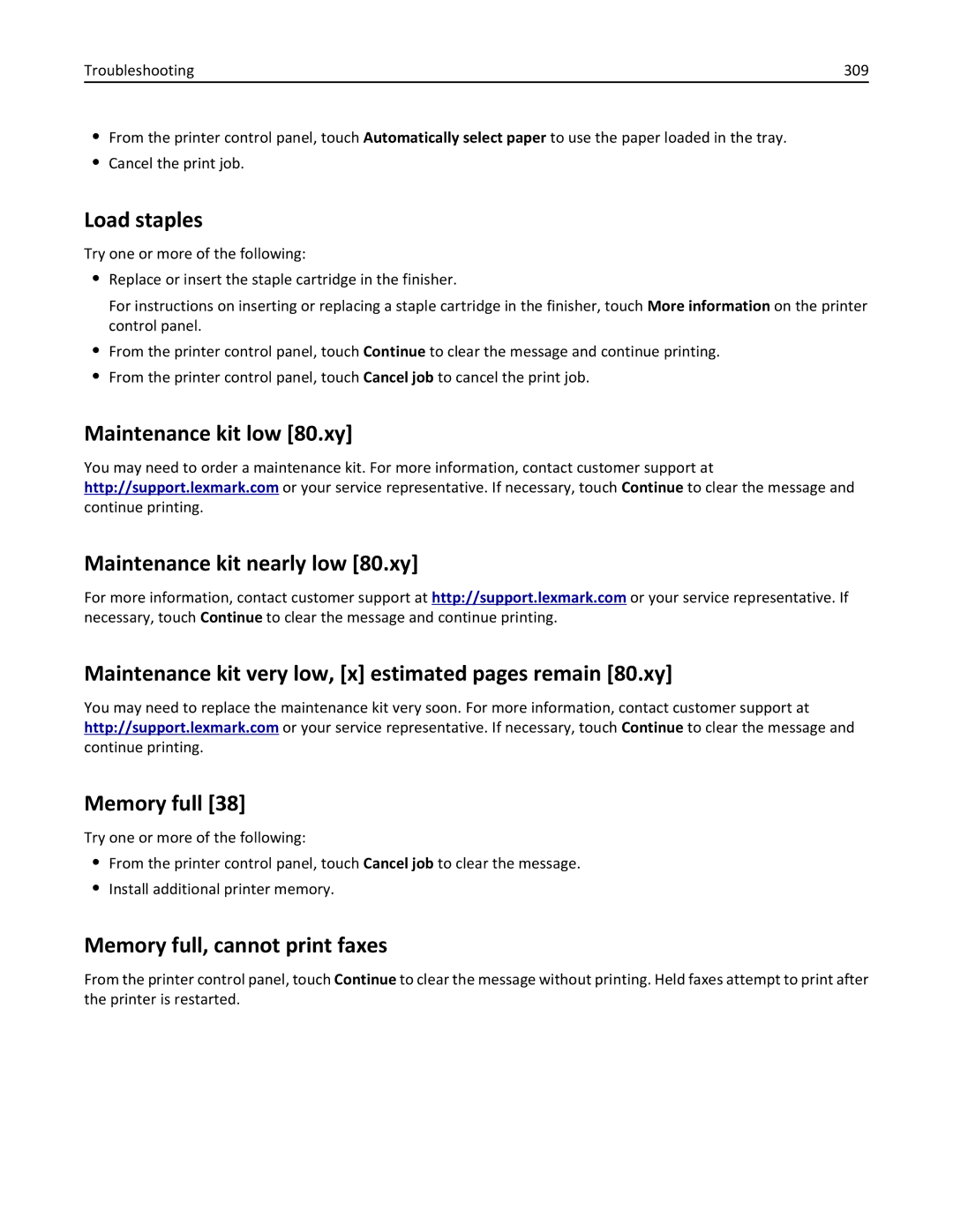 Lexmark 496, 696, 896 manual Load staples, Memory full, cannot print faxes 