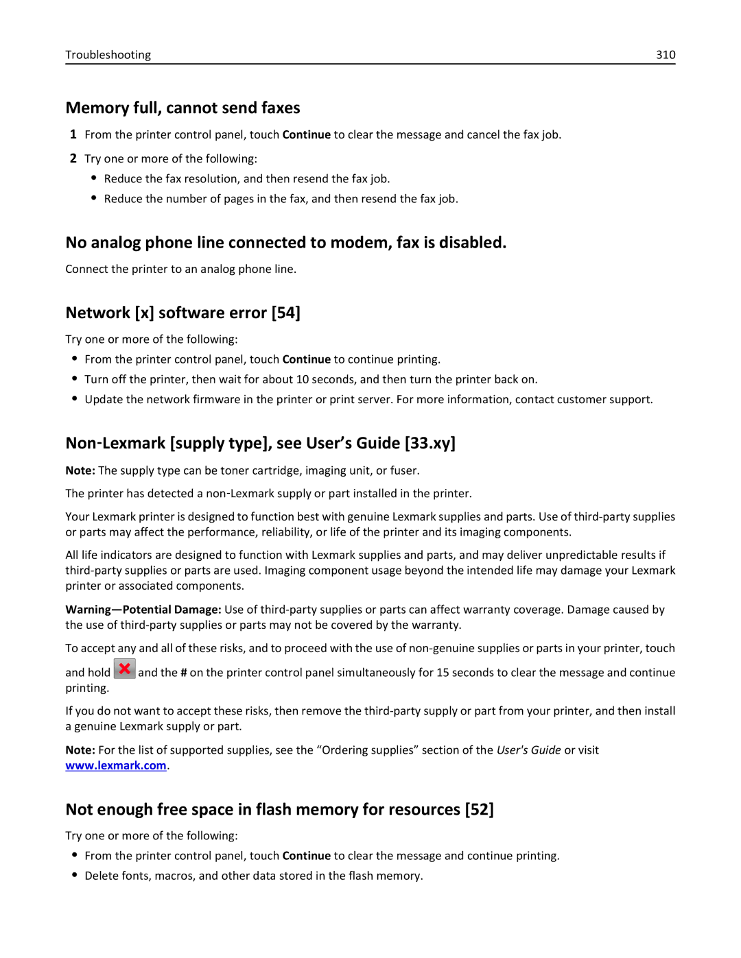 Lexmark 696, 496, 896 manual Memory full, cannot send faxes, No analog phone line connected to modem, fax is disabled 