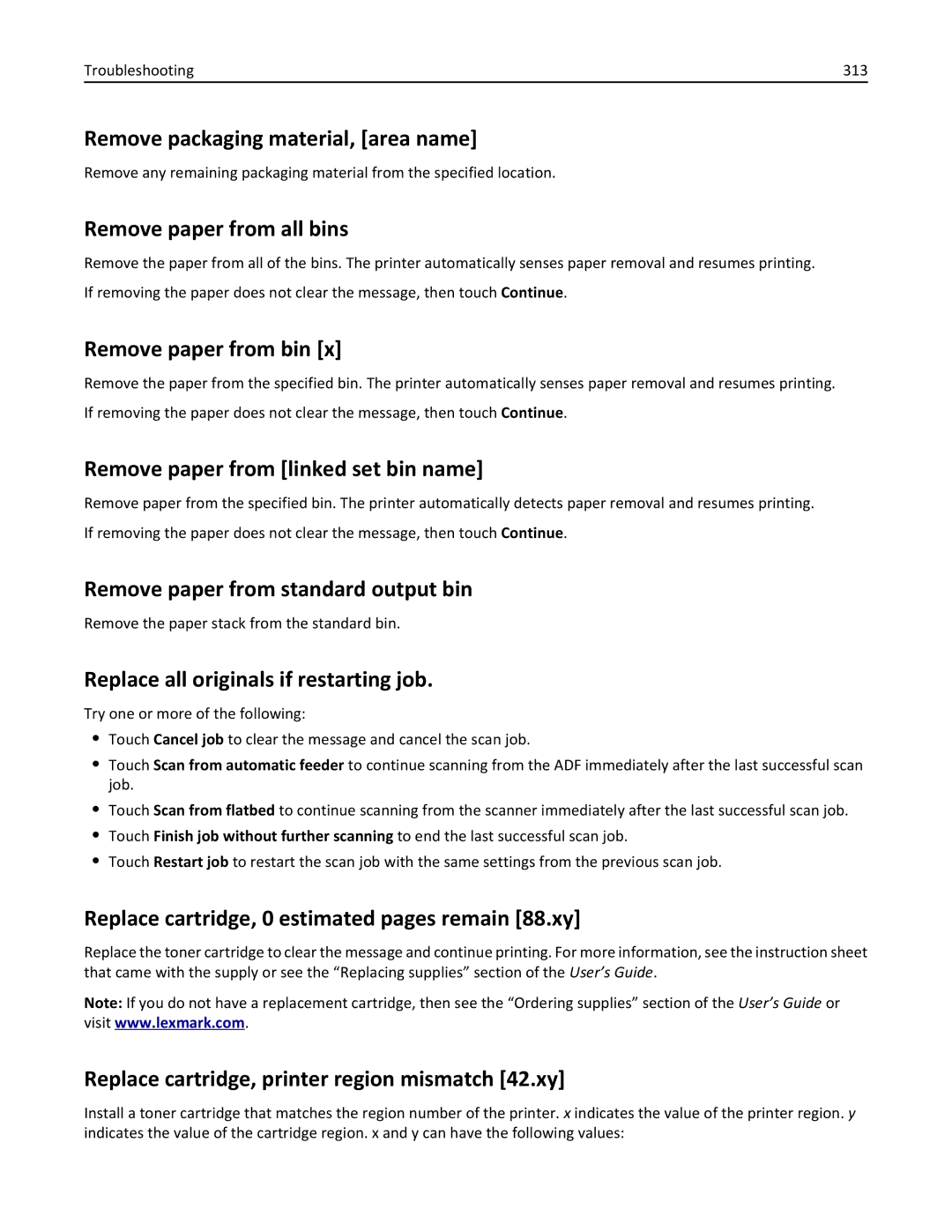 Lexmark 696, 496, 896 manual Remove packaging material, area name, Remove paper from all bins, Remove paper from bin 