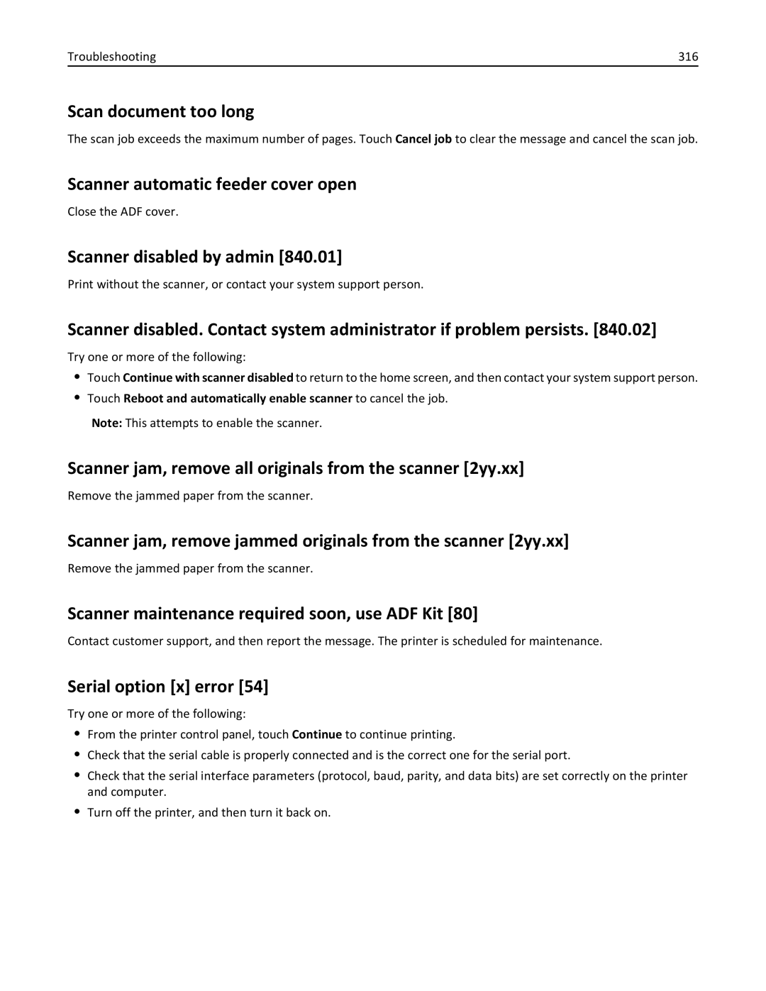 Lexmark 696 Scan document too long, Scanner automatic feeder cover open, Scanner disabled by admin, Serial option x error 