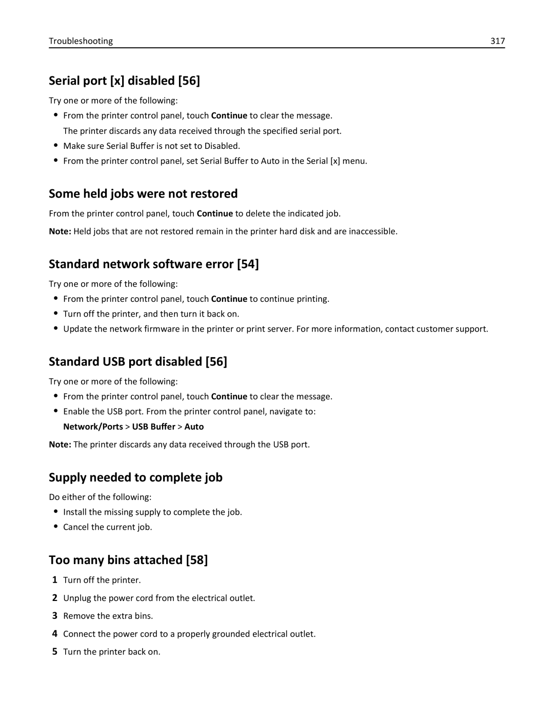 Lexmark 896, 496, 696 manual Serial port x disabled, Some held jobs were not restored, Standard network software error 