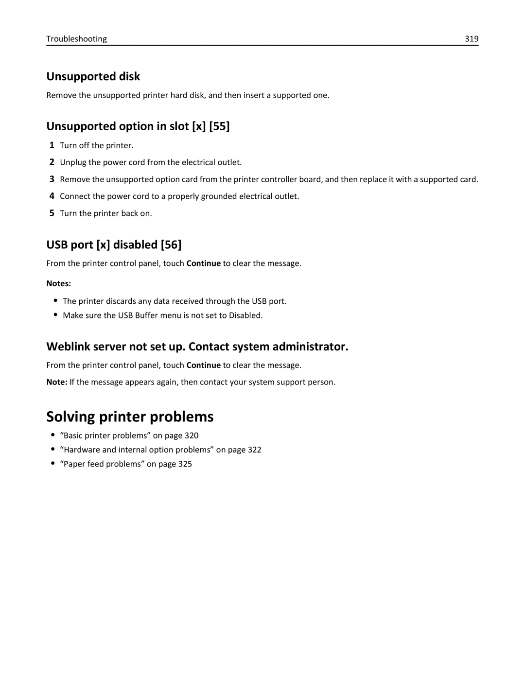 Lexmark 696, 496, 896 manual Solving printer problems, Unsupported disk, Unsupported option in slot x, USB port x disabled 