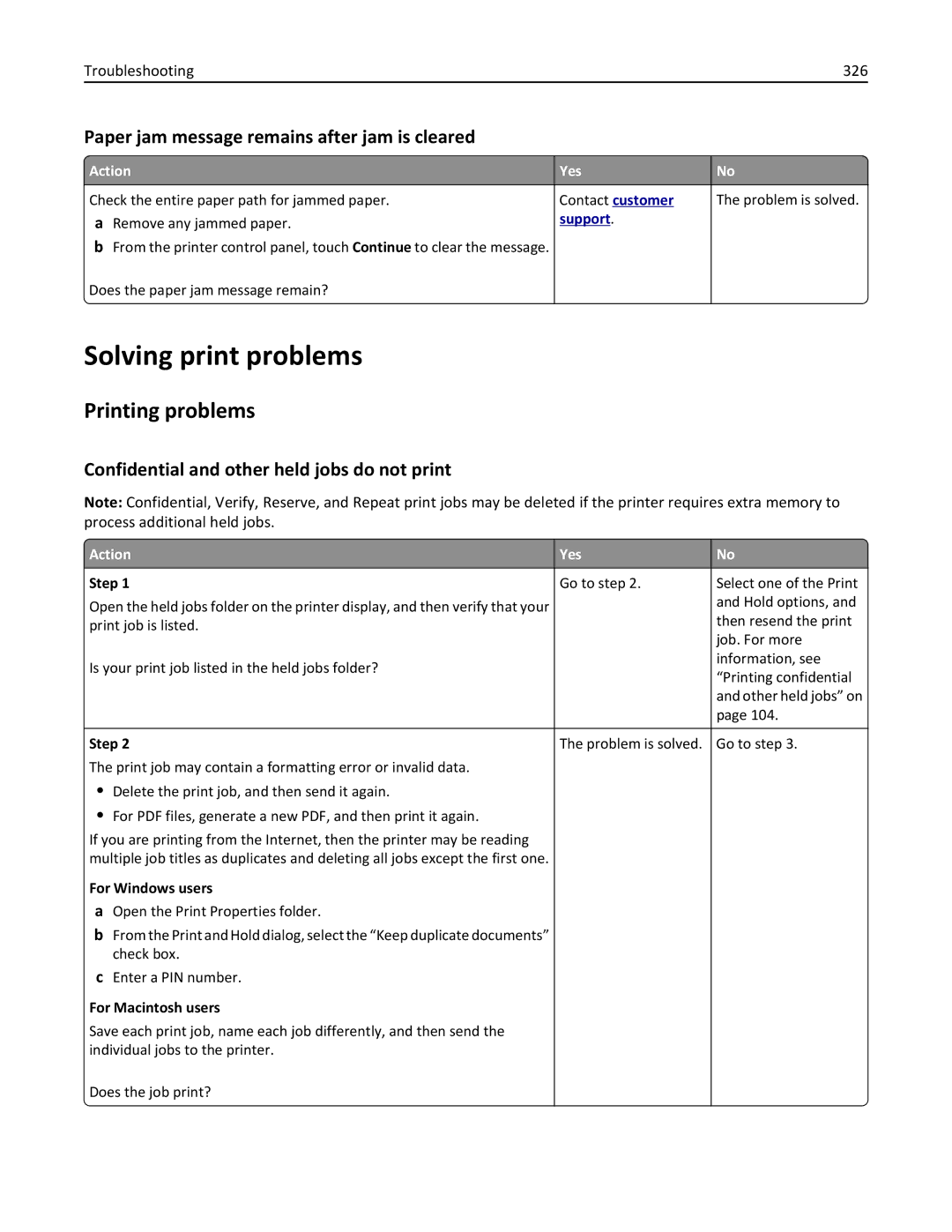 Lexmark 896 Solving print problems, Printing problems, Paper jam message remains after jam is cleared, Troubleshooting 326 