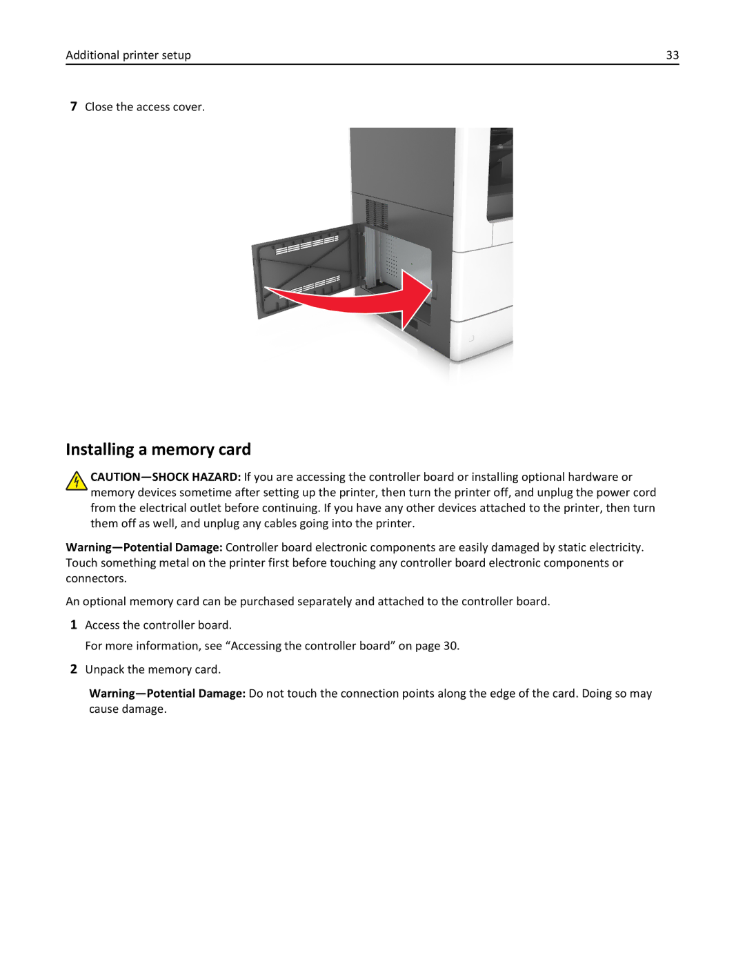 Lexmark 496, 696, 896 manual Installing a memory card, Additional printer setup Close the access cover 