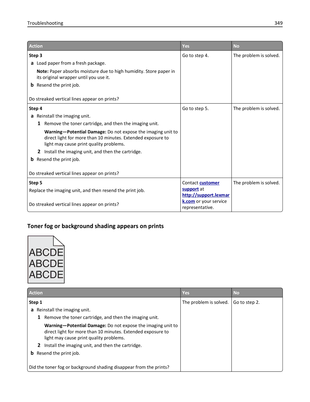 Lexmark 696, 496, 896 manual Toner fog or background shading appears on prints, Troubleshooting 349 