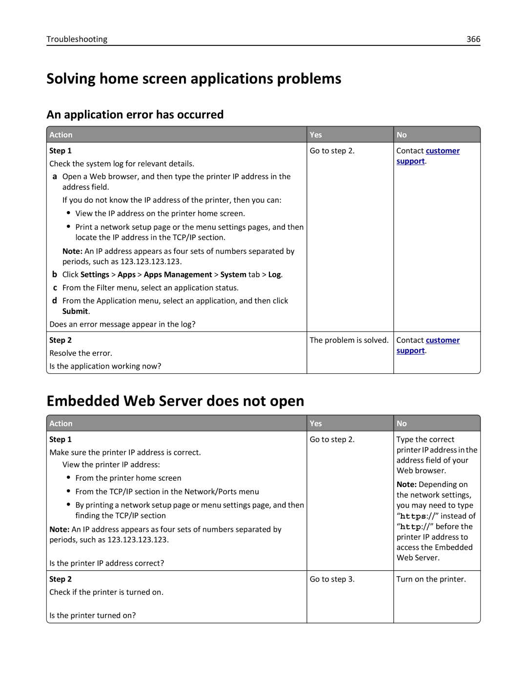 Lexmark 496, 696, 896 Solving home screen applications problems, Embedded Web Server does not open, Troubleshooting 366 