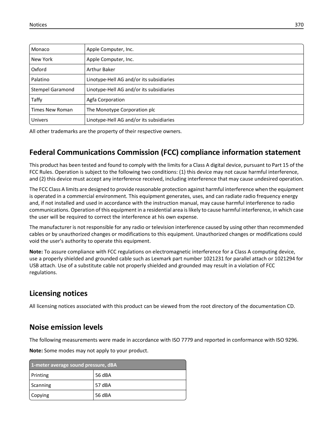 Lexmark 696, 496, 896 manual Licensing notices, Noise emission levels, 370, Meter average sound pressure, dBA 