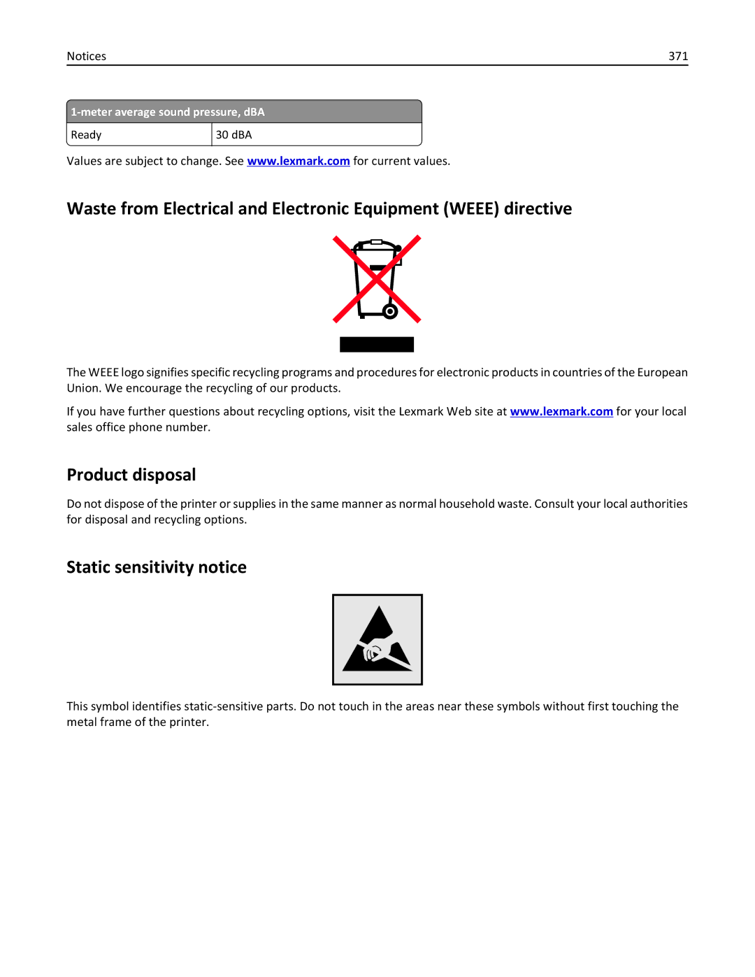 Lexmark 896, 496, 696 manual Product disposal, Static sensitivity notice, 371 