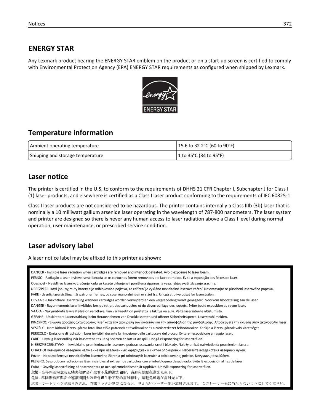 Lexmark 496, 696, 896 manual Temperature information, Laser notice, Laser advisory label, 372 