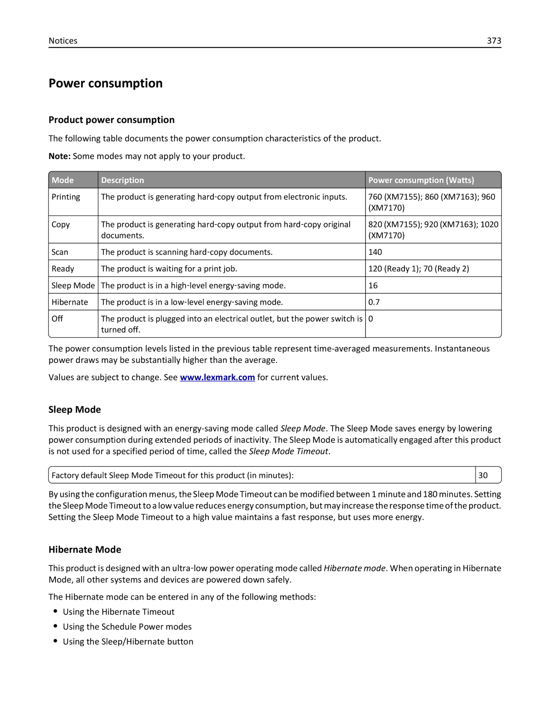 Lexmark 696, 496, 896 manual Power consumption, Product power consumption, Sleep Mode, Hibernate Mode, 373 