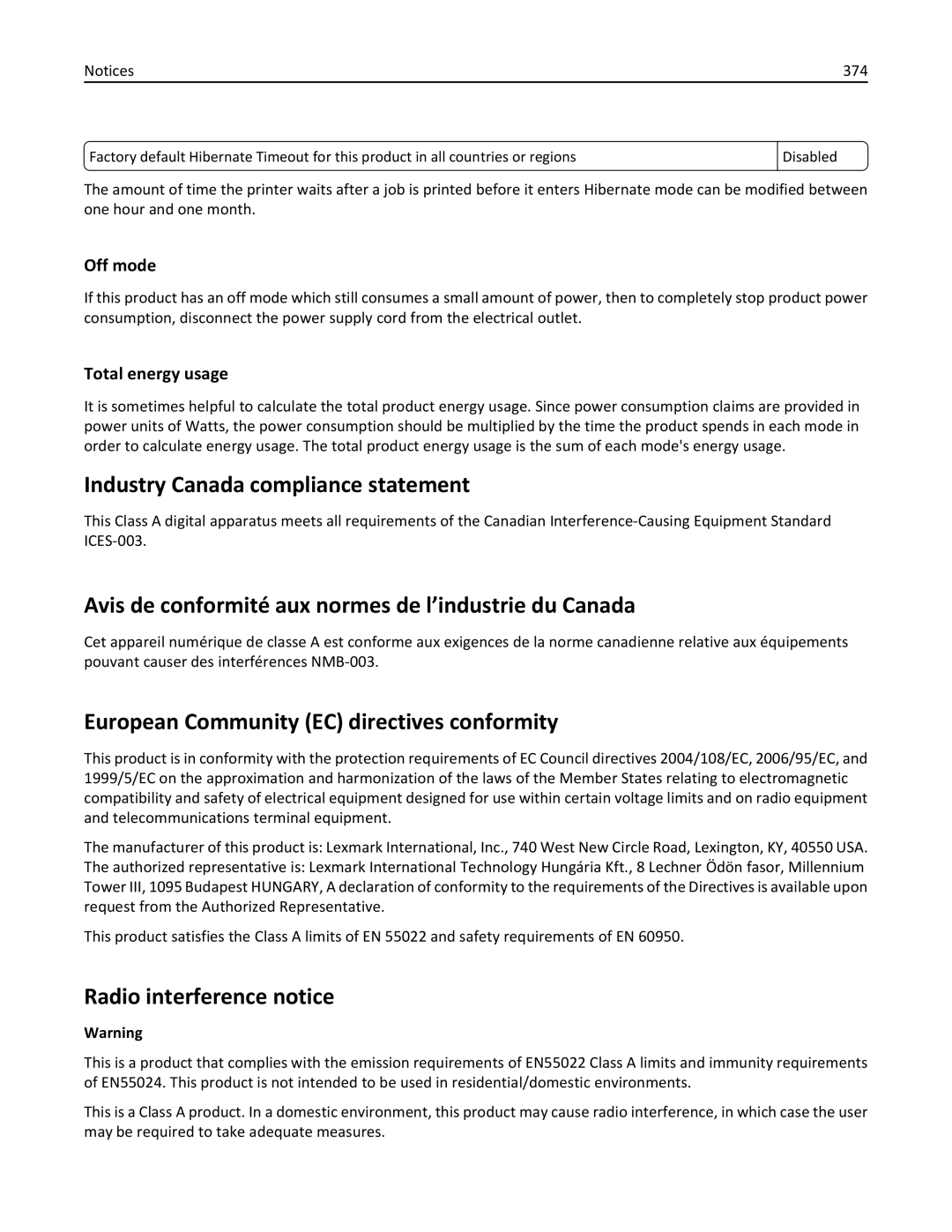 Lexmark 896, 496, 696 manual Industry Canada compliance statement, Avis de conformité aux normes de l’industrie du Canada 