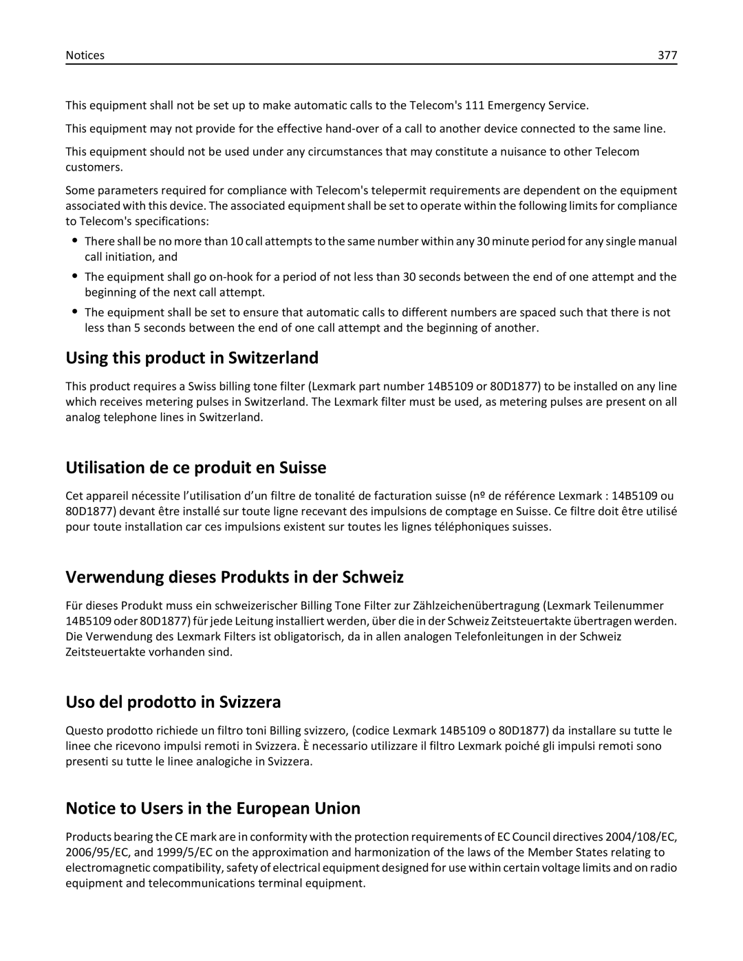 Lexmark 896, 496 Using this product in Switzerland, Utilisation de ce produit en Suisse, Uso del prodotto in Svizzera, 377 